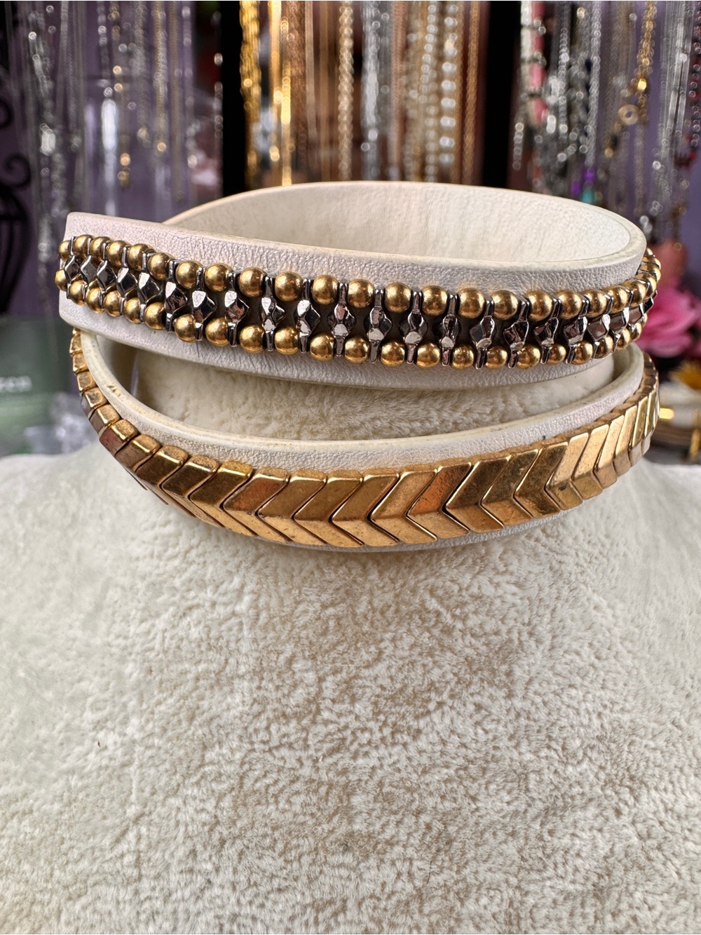 Stella & Dot Gold and Cream Layered Leather Bracelet